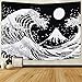 Japanese Wave Tapestry - Kanagawa Great Wave Wall Art With Sun, Black and White for Room
