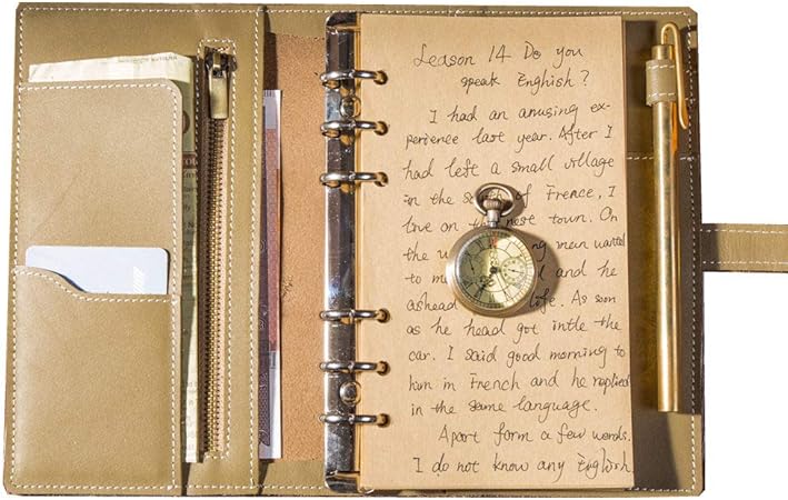 Amazon システム手帳 真鍮ペン 6穴 本革 アンティーク トラベルノート ルーズリーフ 青 A6 ノート 文房具 オフィス用品