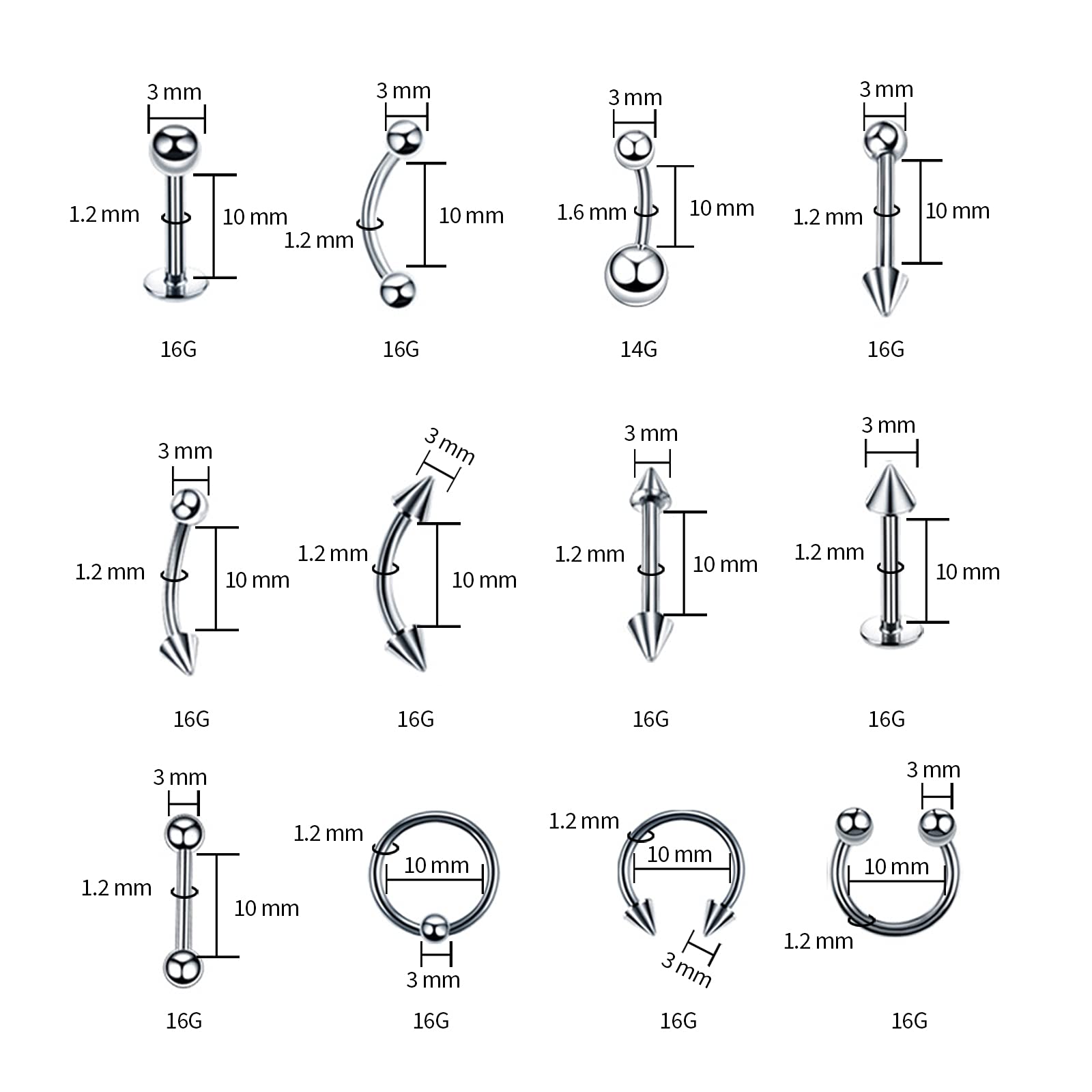 A-minusone 84PCS Body Septum Piercing Kit 14G 16G Tools for Nose Tongue Lip Ear Eyebrow Belly Button Cartilage Tragus Industrial Barbell Helix Daith Piercing Jewelry Clamps