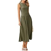 BerryGo Women's Summer Sleeveless 2025 Midi Dress Crew Neck Casual Swing Ruched Flowy Smocked Waist Dress Pockets