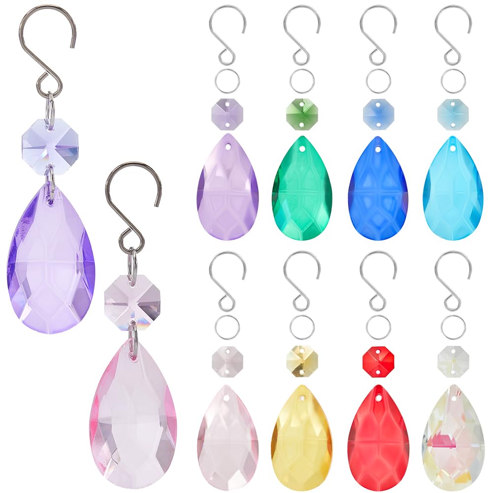 SOFPLATE 1 Box 8 Pack 38mm Mixed Colors Teardrop Crystal Chandelier Prisms Crystal Prism Suncatcher Glass Prisms Pendants with Jump Rings Hooks for Christmas Wedding Party Decor Chandeliers Hanging