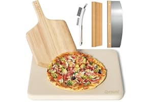 GYREUNI 5 PCS Rectangle Pizza Stone Set, 16"Large Pizza Stone for Oven and Grill with Pizza Peel(OAK), Stone Brush,Pizza Cutter & 10pcs Cooking Paper for Free, Baking Stone for Pizza, Bread,BBQ