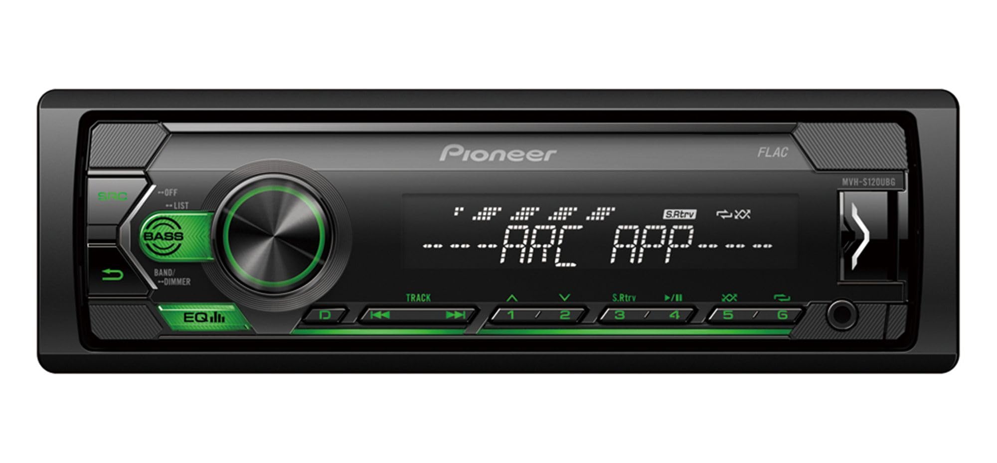 Pioneer MVH-S120UBG 1-DIN receiver with green illumination, USB and compatible with Android devices.