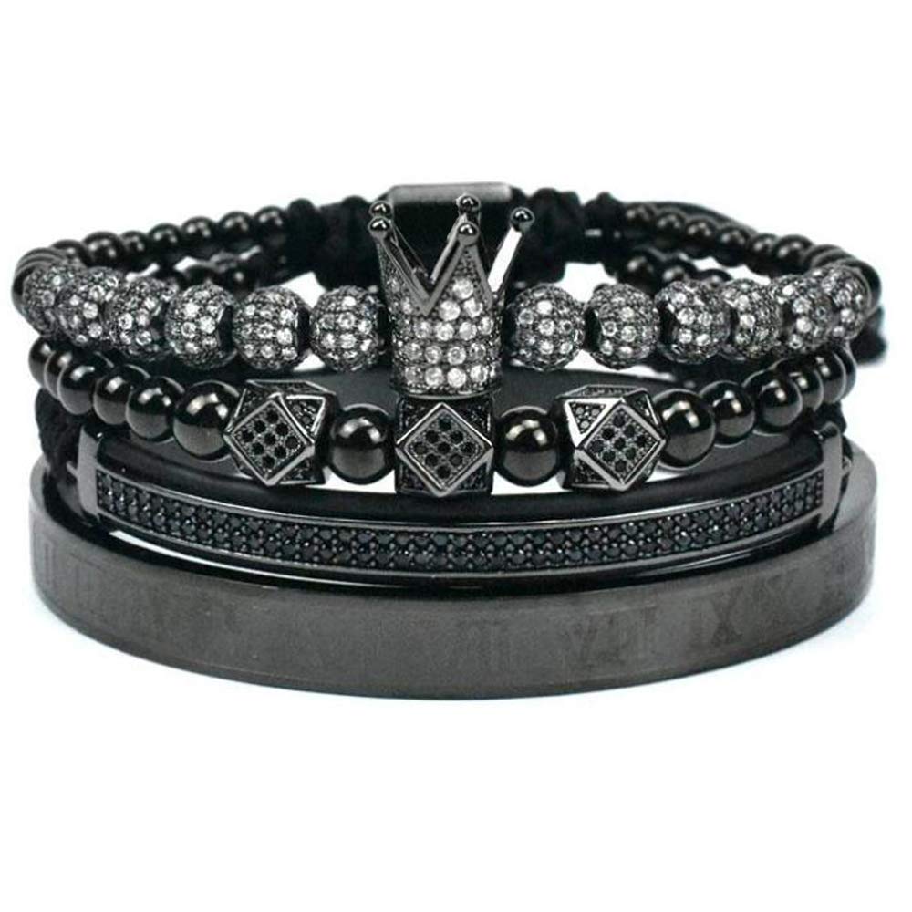 Cutenation Imperial Crown King 18K Gold CZ Beads Bracelet Luxury Charm Fashion Bangle for Men Women (A Black)