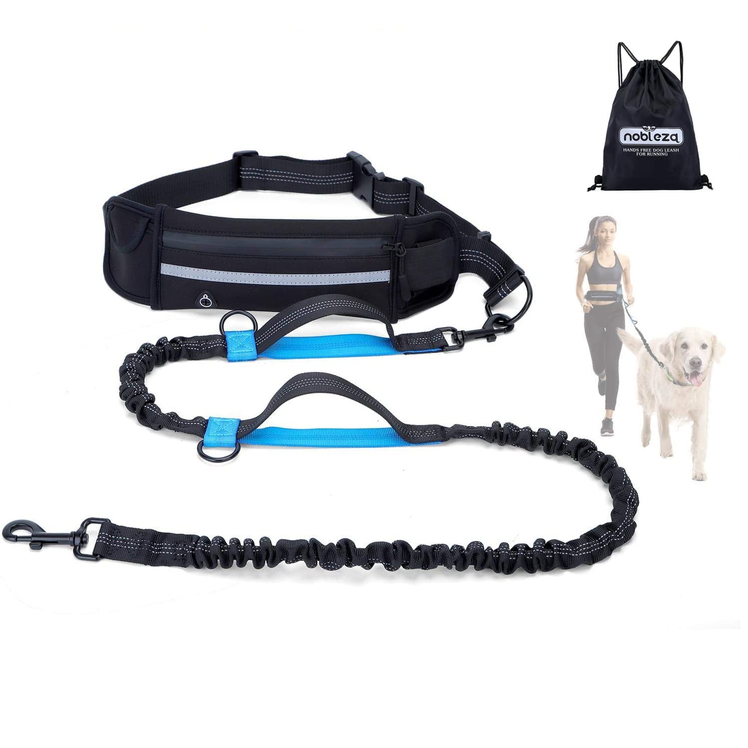 Nobleza Hands Free Dog Running Lead, Adjustable Training Leash, Walking Belt with Pouch and Reflective Strip, Retractable Jogging Leash for Pet