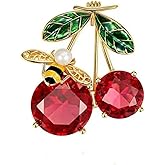 Dreuyet Cherry Brooch for Women Rhinestone Gold Plated Red Green Enamel Leaf Brooches Lapel Pins Dainty Dress Accessories Jewelry for Hat Bag Suit Tie
