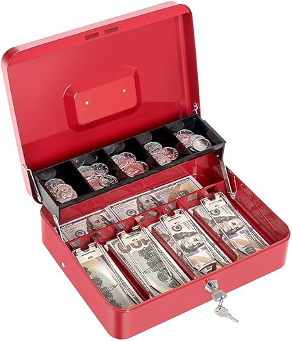 Caja de dinero con bandeja para dinero y cerradura de llave, caja fuerte de metal grande