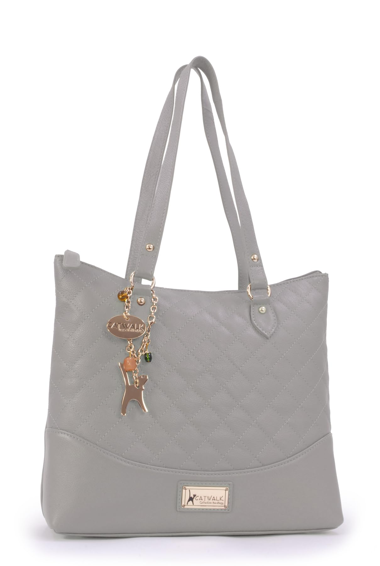 Catwalk Collection Handbags - Women's Quilted Leather Shoulder Bag - Ladies Tote Bag With Zip - Medium/Large - Sofia - Grey Gold