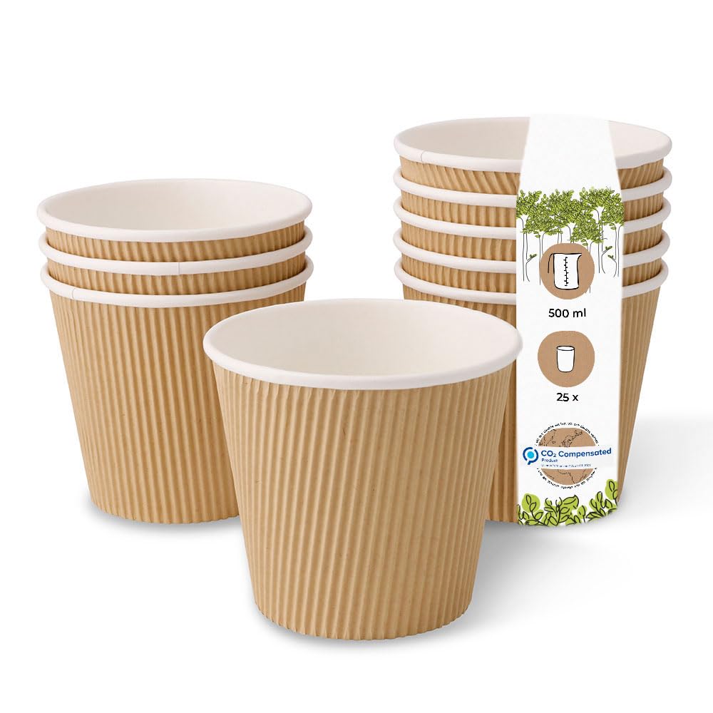 BIOZOYG one-Way Bio Soup Cup Soup to Go Disposable Dishes I Corrugated Kraft Board with Water-Based Inner Barrier on The Inside White/Brown, Unbleached I 25 Single-use beakers compostable 500 ml