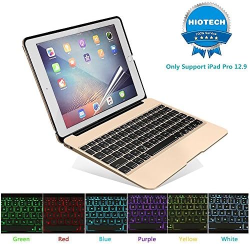 HIOTECH iPad Pro 12.9 Keyboard Case Bluetooth Aluminum Alloy Keypad Cover with Additional Rechargable Batteries for iPad Pro 12.9 with 7 LED Backlit Keys (Gold)