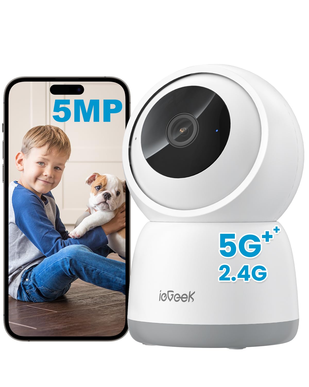 ieGeek 5MP 2.4G/5GHz WiFi Indoor Security Camera, Plug-In Pet Camera with App, Color Night Vision, 360° PTZ, 4X Zoom, Auto-Tracking, Two-way Talk, Alexa, Memory/Cloud Storage, No Monthly Fee