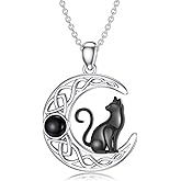 Reaii Natural Black Onyx Moon and Cat Necklace for Women 925 Sterling Silver Black Cat Pendant with Genuine Black Onyx Jewelry Gifts for Cat Lover