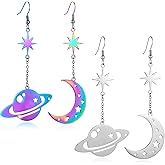 REELMAR Space Dangle Earrings for Women Asymmetrical Celestial Moon Star Saturn Earrings Dangling Crescent Moon Planet Drops Gorgeous Mysterious Space Statement Jewelry