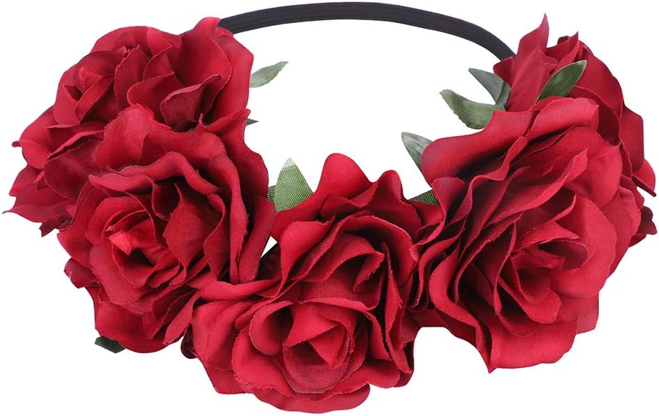 Rose Flower Crown Garland Hair Wreath Wedding Floral Headband Boho Headpiece Headdress Halloween Bride Costume Accessory Fancy Dress for Gothic Party Christmas Masquerade Hen Party Day of The Dead - Image 3
