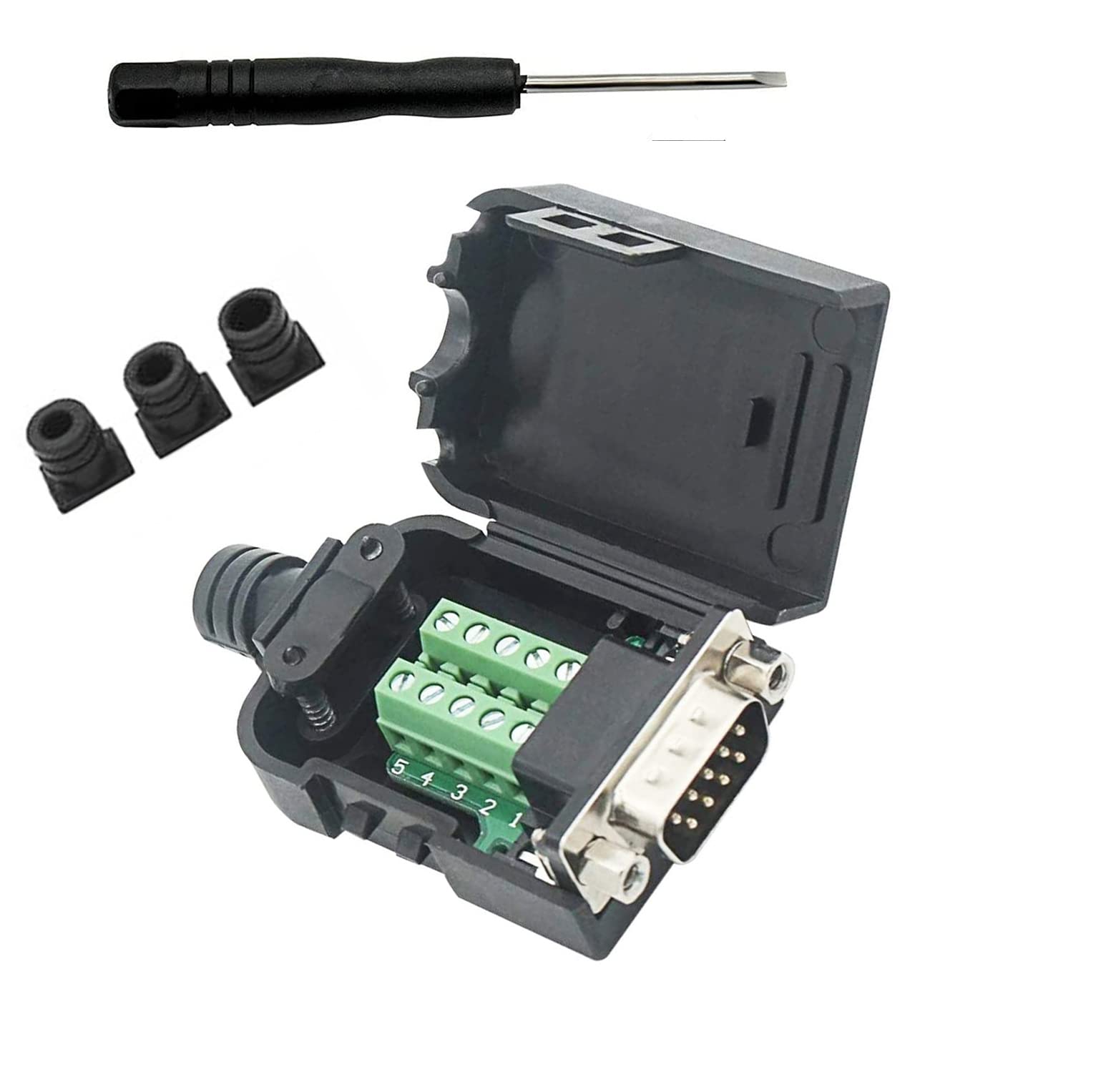 SHANFEILU DB9 Breakout Connector to Wiring Solderless Terminal RS232 D-SUB Male Serial Adapter 9pin Port Breakout Board Black Rubber Core with Case,Screwdriver,Nuts
