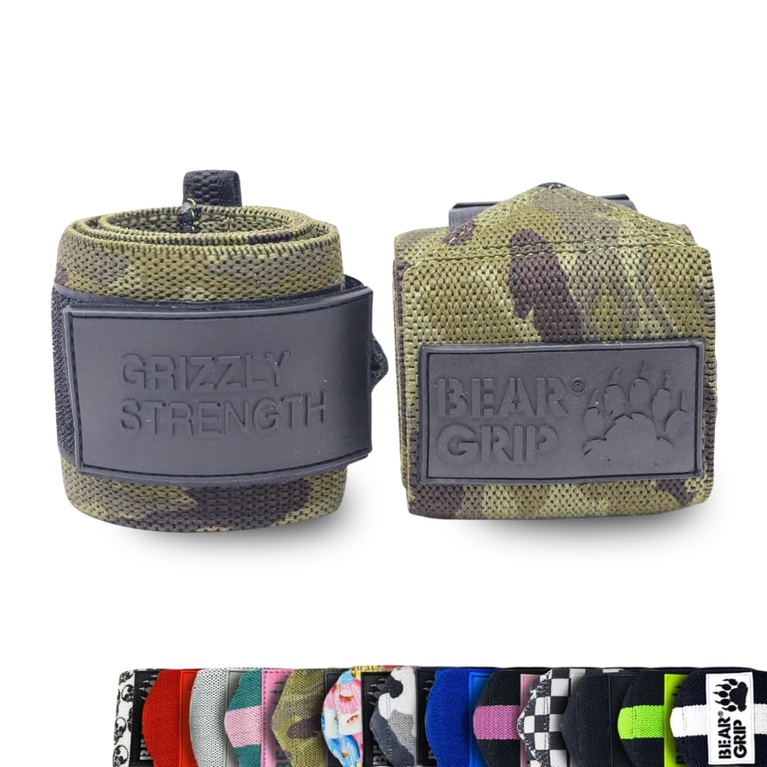 BEAR GRIP - Premium Heavy Duty Weight Lifting Wrist Wraps, Bodybuilding, Crossfit, Powerlifting, StrongMan (Green Camo, 24 Inches)