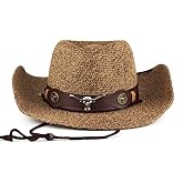 BXT Men Women Straw Cowboy Cowgirl Hat Western Hat with Wide Brim, Chin Strap, Brown