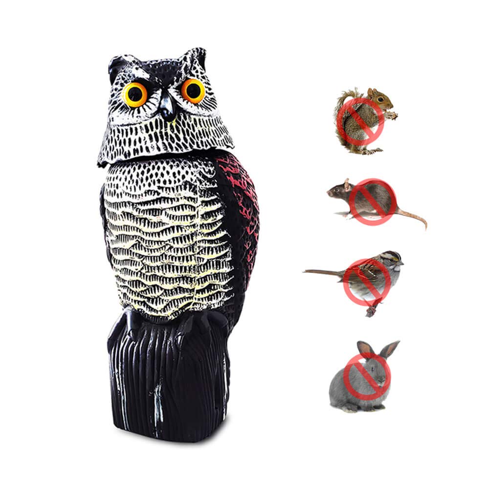 Fake Owl Decoy Statue with Rotating Head Realistic Garden Scarecrow to