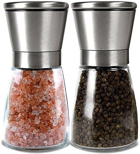 50% OFF PROMO SALE NOW! Premium Stainless Steel Salt and Pepper Grinder Set of 2- Brushed Stainless Steel Pepper Mill and Salt Mill, 4 Oz Glass Tall Body, 5 Grade Adjustable Ceramic Rotor
