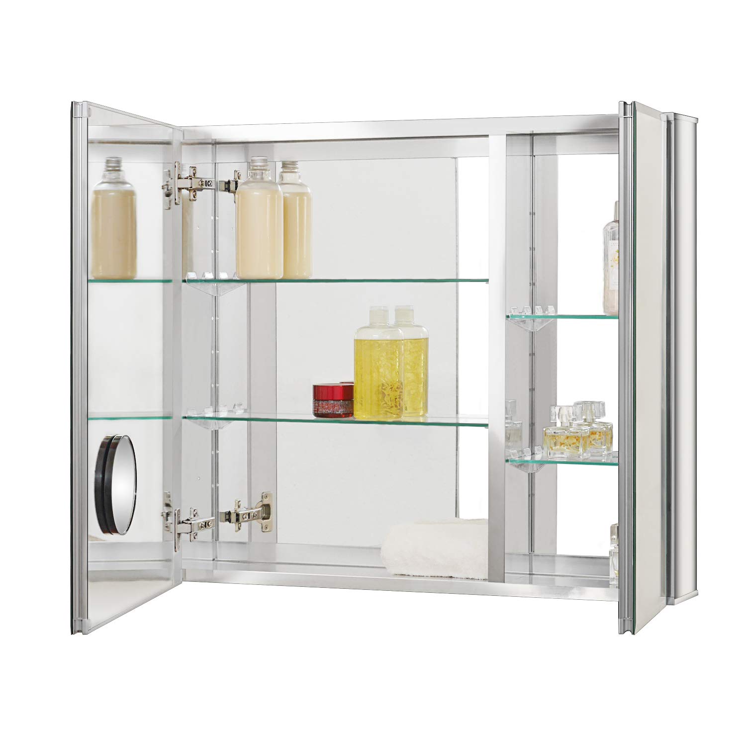 Fundin Bathroom Mirror Medicine Cabinet Aluminum Storage Cabinet 30 x 26 inch Beveled Edge Frameless Double Sided Mirror Door Recess or Surface Mount with 5X Magnifying Makeup Mirror