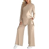 Sweetyweee Women's Maternity Lounge Sets 2 Piece Outfits Long Sleeve Side Slit Shirts Casual Wide Leg Pants with Pockets