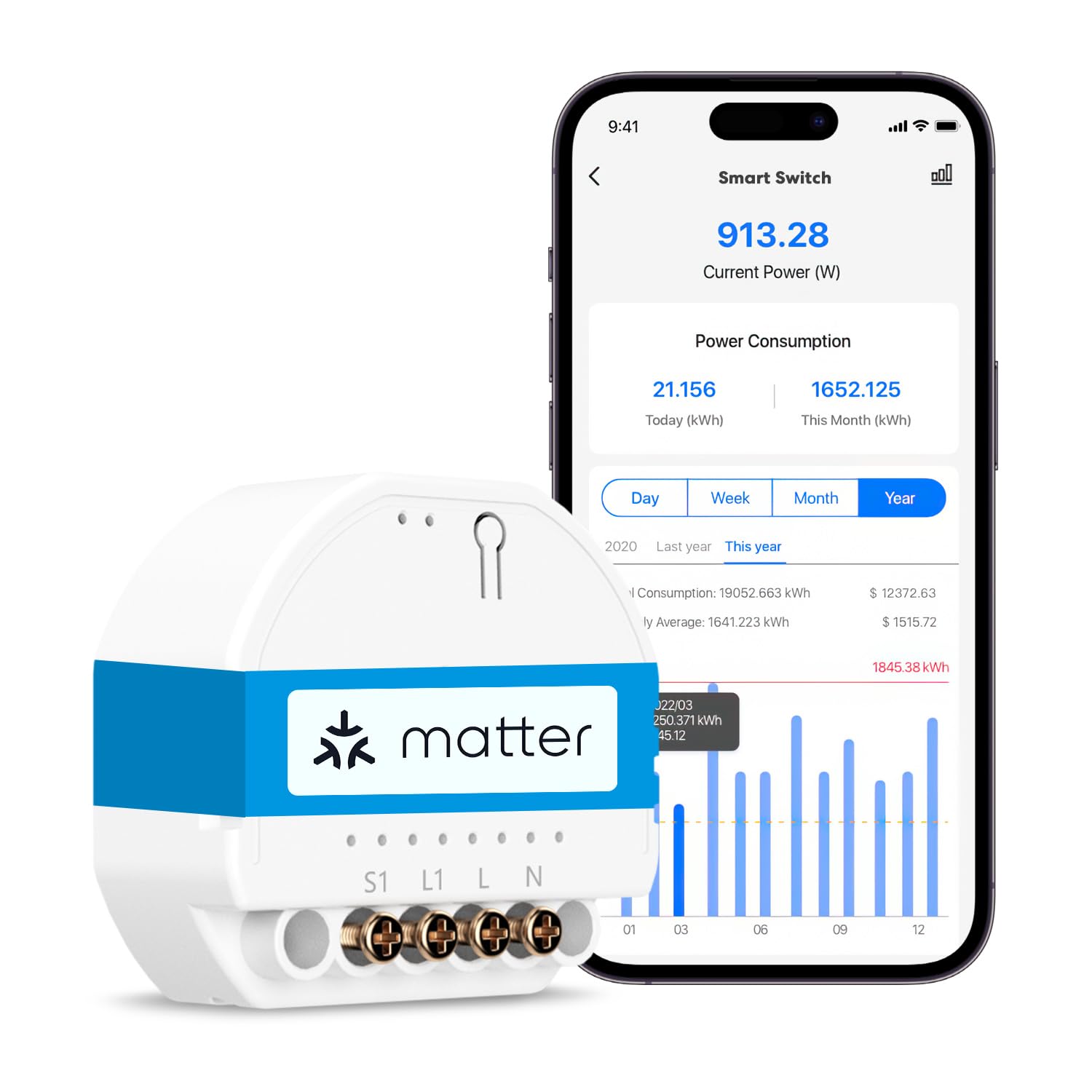 Meross MSS815 - Matter WLAN Schalter Unterputz | 10A & 1 Kanal | Neutral Erforderlich | Lichtsteuerung, Energieverbrauch & Zeitschaltuhr | Kompatibel mit HomeKit, Alexa, Google Home und Home Assistant