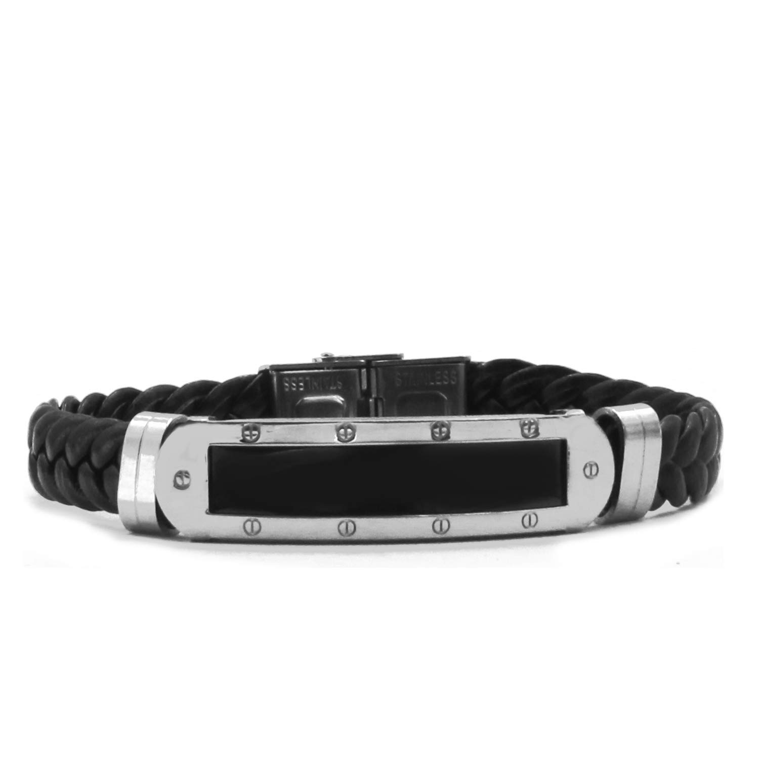 Kigu Black Leather Braided Bracelet with a Studded Silver Frame and Two Silver Casings