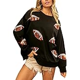 ChiyeeKiss Womens Sparkle Football Sequin Rugby Sweatshirt Game Day Y2K Crewneck Oversized Shirt Long Sleeve Fleece Pullover