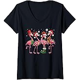 Womens Pink Flamingo Santa Hat Christmas Tree Lights Flamingo Lover V-Neck T-Shirt
