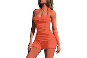 Women's Halter Bathing Suits Vintage One Piece Swimsuit Tummy Control Plus Boy-Leg Monokini Ruched Push up Beachwear