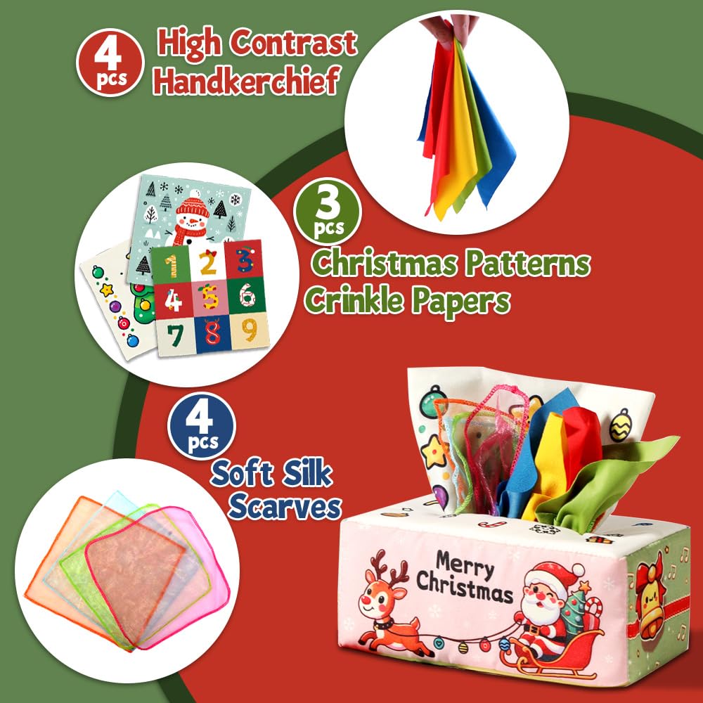 Christmas Baby Toy for 6-12M – Christmas Tissue Box Sensory Pull Toy with Crinkle Papers, Handkerchiefs & Scarves – Ideal Stocking Stuffer for Toddlers