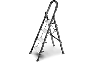 GameGem 4 Step Ladder Lightweight Aluminum Folding Stepladder with Anti-Slip Wide Pedal Space Saving and Sturdy for Home and Kitchen(Black&Silver)