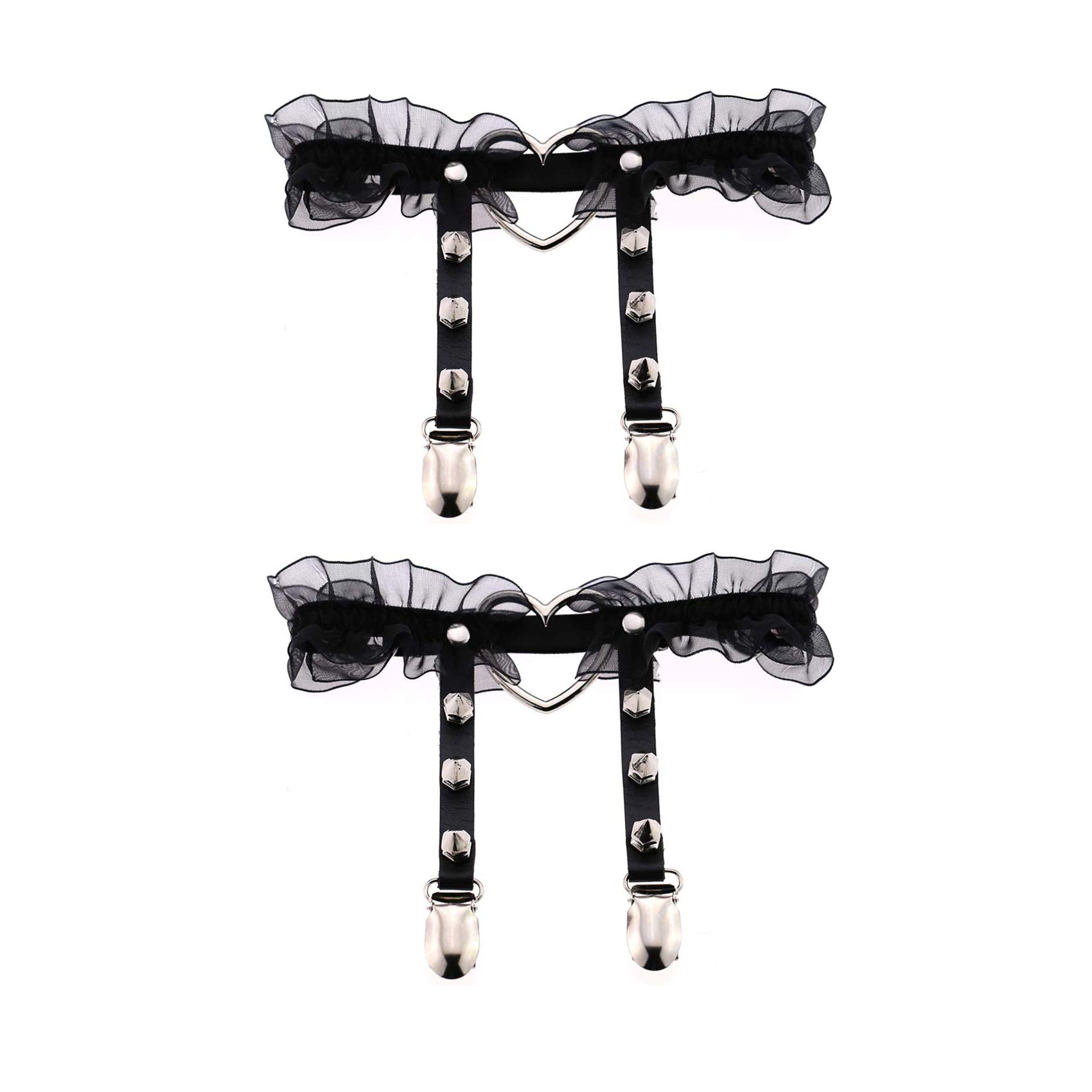2PCs Adjustable Lace Heart Thigh Garter with Anti-Slip Clasps, Elastic Leg Garter Belt for Women, Black/Pink