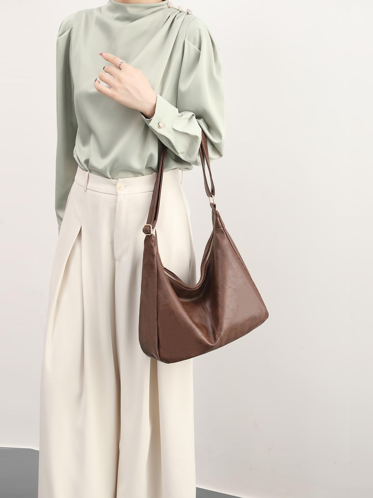 NIUEIMEE ZHOU Hobo Bags for Women Foldable Vegan Leather Shoulder Handbag Slouchy Tote Crossbody Purses