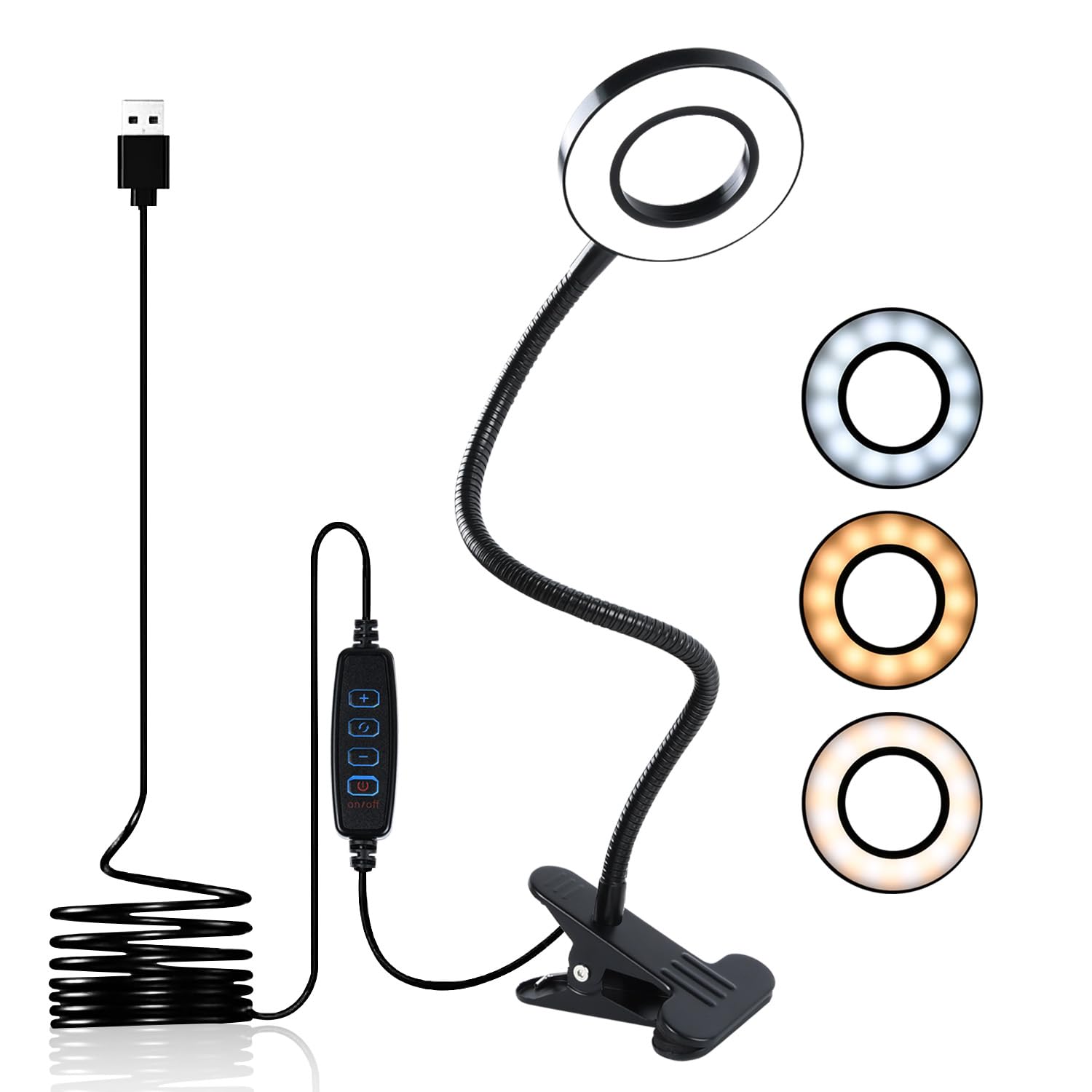 CeSunlight Clip Lamp, 8 Watts, 700 Lumen Clamp Reading Lamp, Clip on Light, Desk Lamp, Warm & Daylight & White Light 3 Colors, 10 Dimmable Illumination Modes, 64 Inches USB Cable