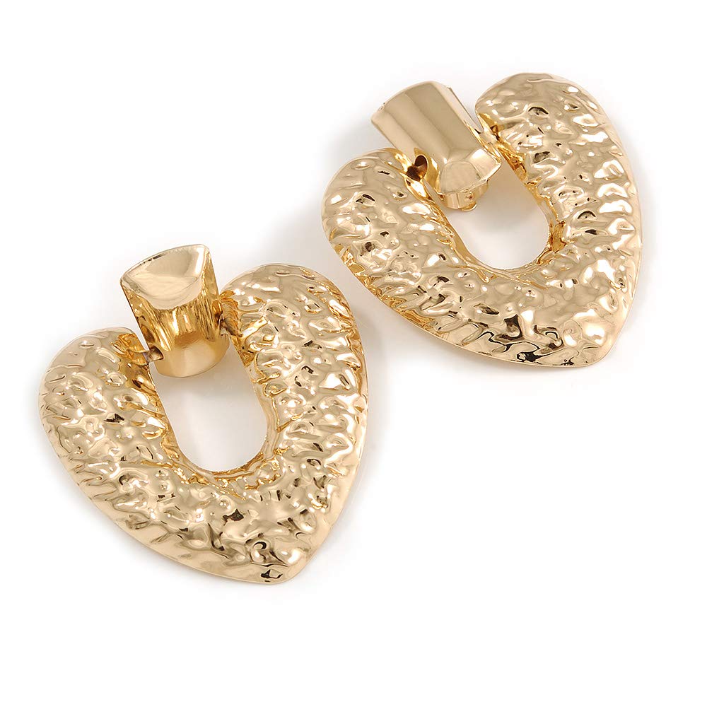 Large Hammered Heart Drop Clip On Earrings/Gold Tone/ 60mm L