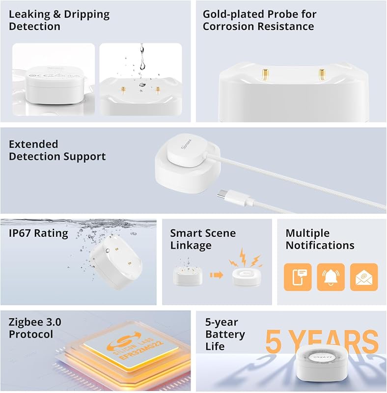 SNZB-05P detetor de água Zigbee + cabo sensor de água WLDC200, detetor de água para cozinhas, caves e casas de banho, compatível com Alexa e Google, requer hub Zigbee.