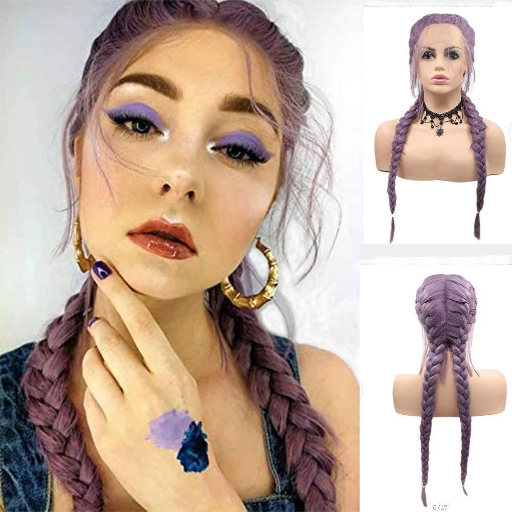 Braided Hair Wigs Long Double Braided Wigs for Women Purple Lace Front Wig Long Synthetic Hair Twist Braids Drag Queen Female Cosplay Party 22inch Braid Glueless Lace Wig