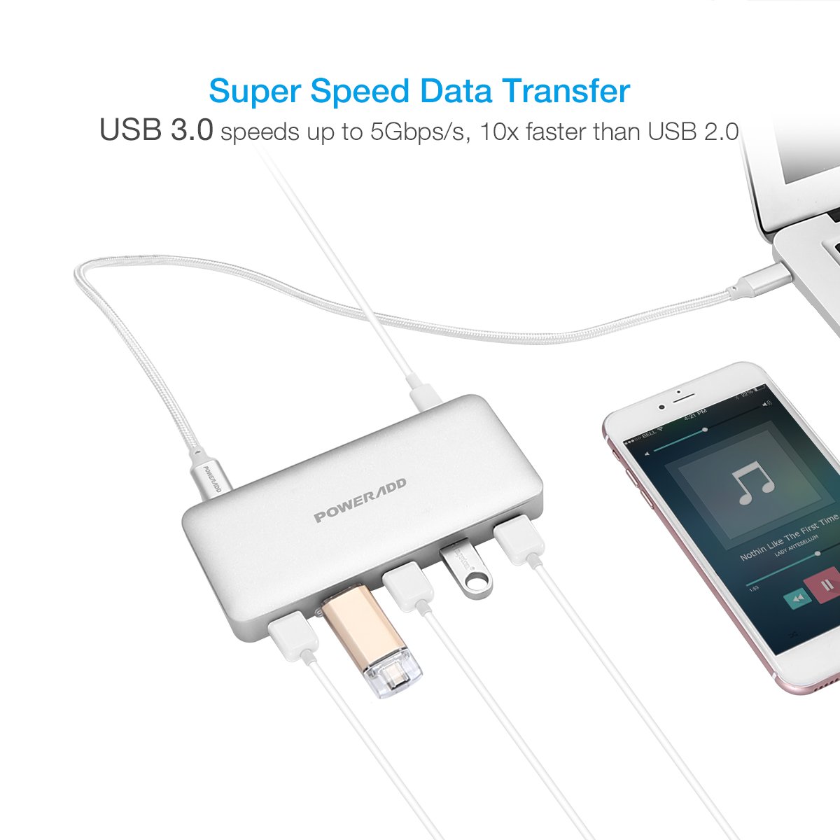 USB C Hub, Poweradd Ultra Slim Type C Hub 5-Port USB 3.0 and PD 2.0 Data Hub (5Gbps Transfer Speed, Anodized Alloy, Compact and Lightweight) for Mac, PC, USB Flash Drives and Other Devices - Silver