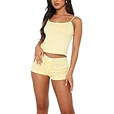 Women's Two Piece Outfit Lace Trim Top and Shorts Set 2 Piece Lounge Sets Ladies PJs Summer Clothes