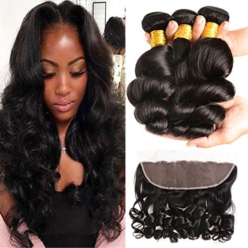 Huarisi 3 Bundles Wet and Wavy Hair with Lace Frontal Brazilian Loose Curls Virgin Hair Bundle Closure Deals Long Hair Extensions Weaves Double Weft for Women 22 24 26 + 20 Inches