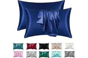 LXMGED Satin Silk Pillowcases for Skin and Hair,Set of 2 Satin Pillow Cases for Women with Envelope Closure,Soft Breathable Smooth Cooling Silk Pillow Covers for Gifts，Navy，Queen (20" x 30")