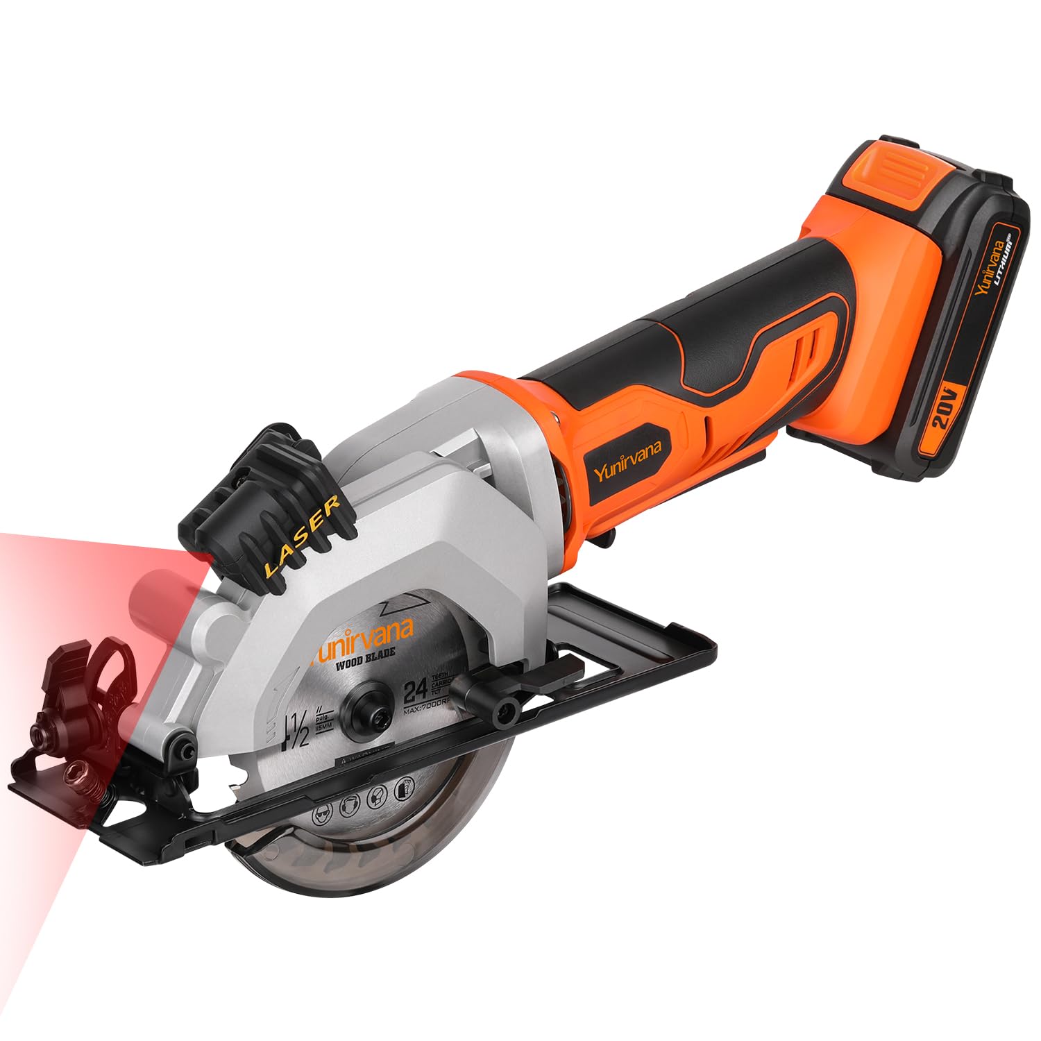 Yunirvana Mini Circular Saw, 20V 3400RPM Professional Cordless Circular Saw, Adjustable Angle and Depth,Max Cutting Depth 42.8mm (90°), 28mm(45°),Laser Guide,Blade 115mm