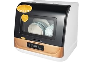 DSMSSEYM Portable Countertop Dishwasher, No Installation Needed - 5L Mini Dishwasher with 99.99% Steam Sterilization & 360° Spray for Apartments, RVs, Dorms - 12 Place Settings, 3 Wash Modes in Gold