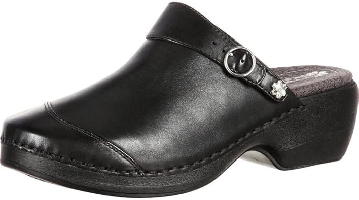 white patent leather clogs