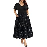 CARCOS Plus Size Dresses for Women Summer Short Sleeve V Neck Patchwork Dresseses XL-5XL