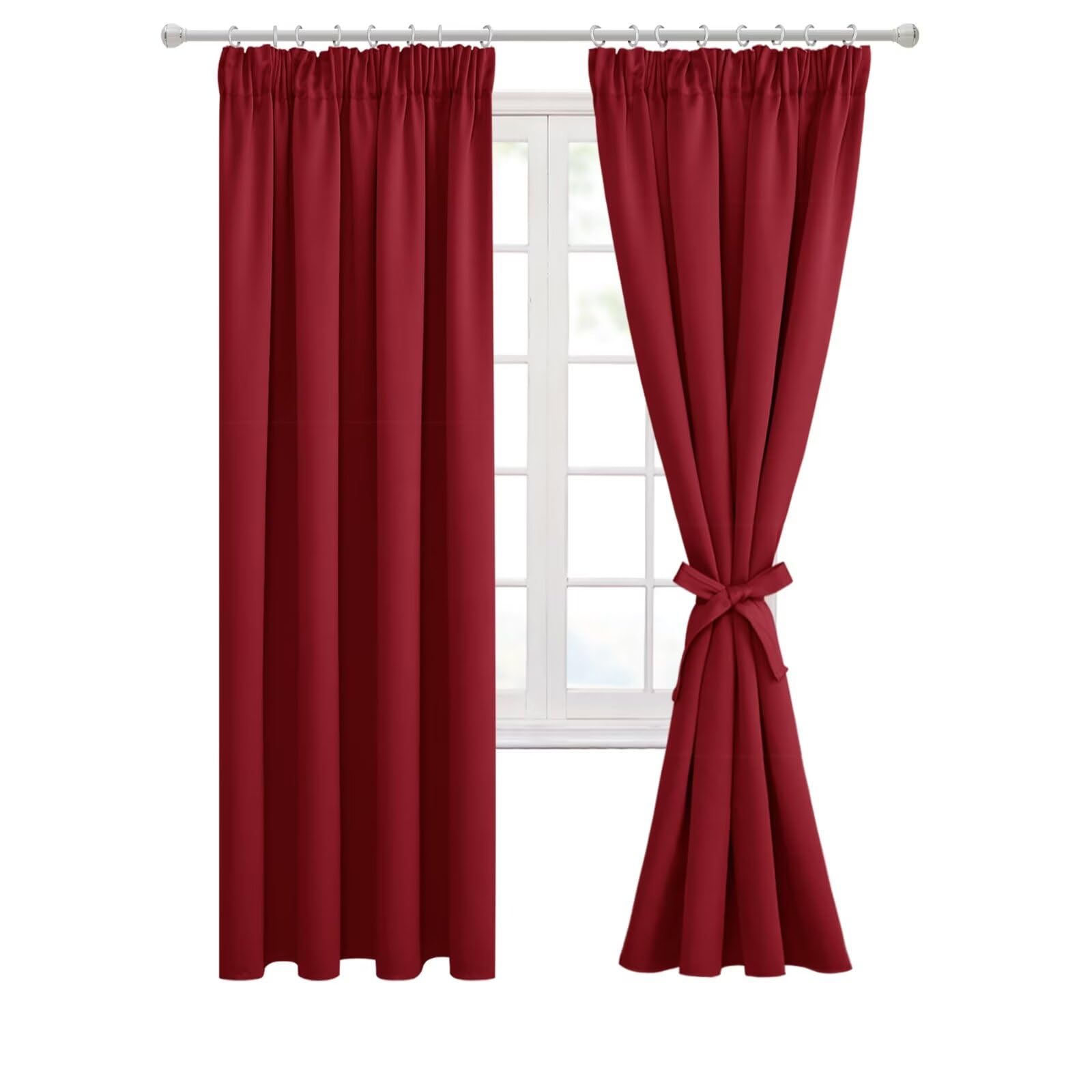 Hiasan Pencil Pleat Blackout Thermal Insulated Curtains, Bedroom and Living Room with Tiebacks, Energy Saving and Noise Reducing, 2 Panels, 46 x 72 Inch, Red