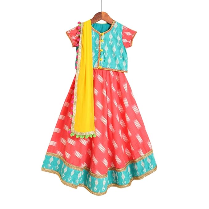 Kids Chakra By Hopscotch Girls Cotton Lines Lehengas & Blouses In Pink Color