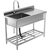 Stainless Steel Utility Sink with Retractable Hot & Cold Faucet, 47.2" Free Standing Single Bowl Sink with Drainboard for Kit