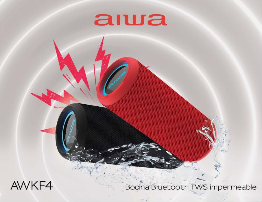 Aiwa Bocina Portatil Bluetooth AW-KF4 20W RMS Portátil con Luces LED, Batería Recargable, Resistente al Agua y Polvo, Conectividad USB/AUX/Bluetooth, Sonido Potente para Viajes y Hogar